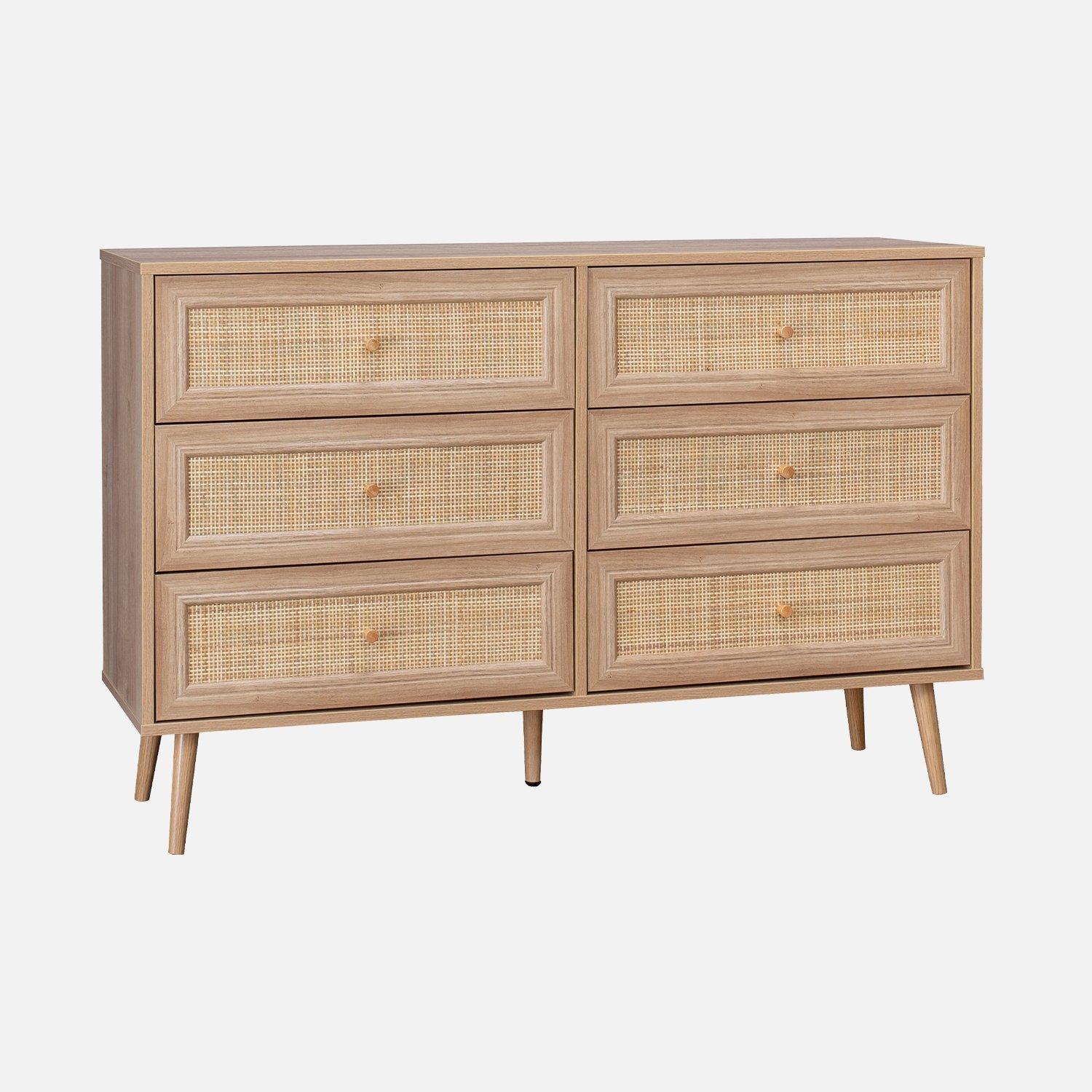 Wood And Cane Effect Chest Of 6 Drawers